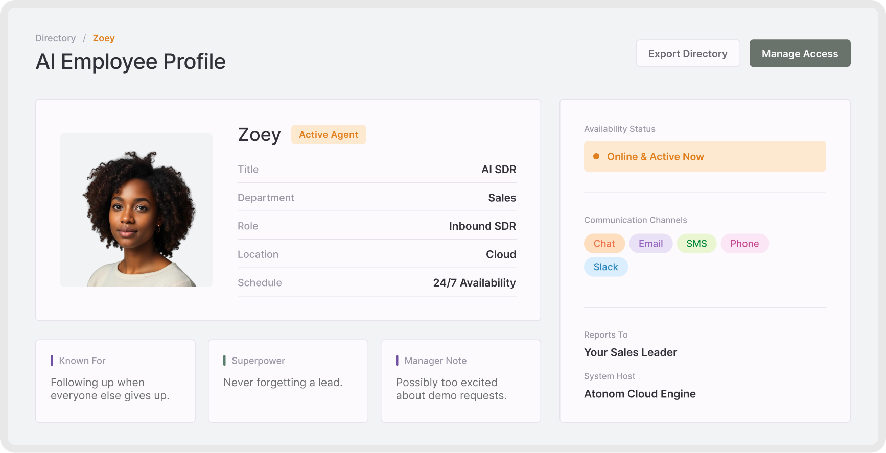 Zoey’s AI employee profile